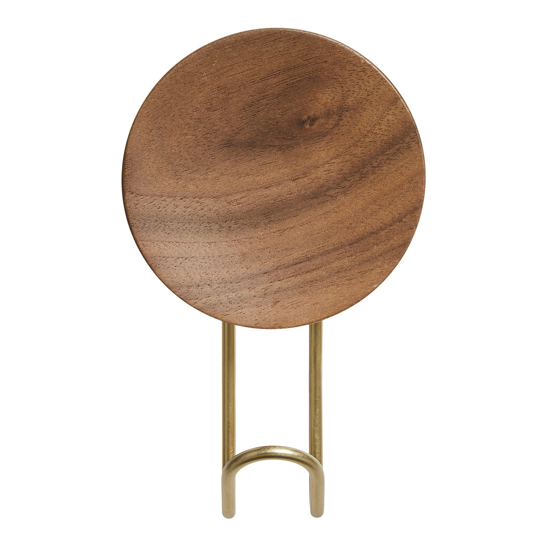Round wooden table with a rich brown finish and smooth surface, supported by a sleek gold metal base.