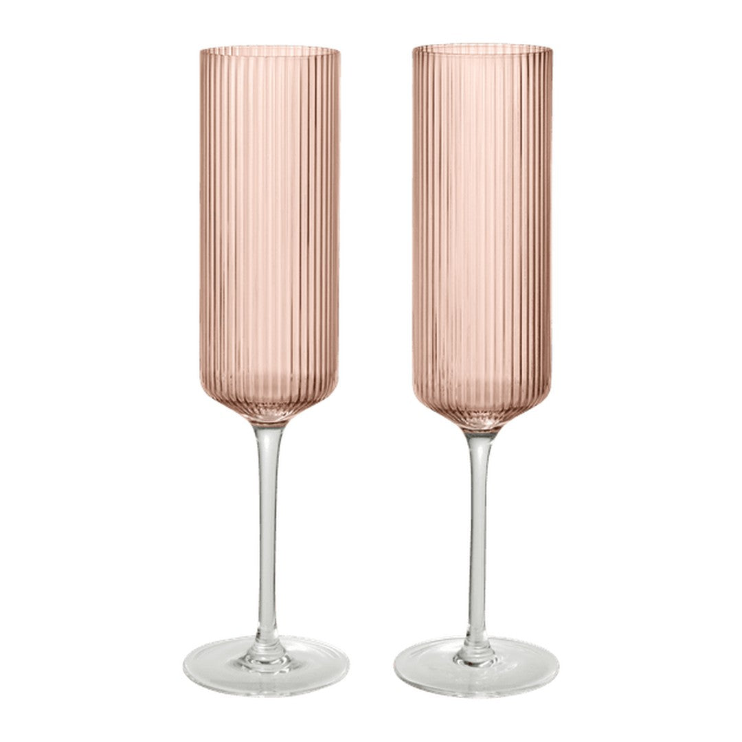 "Set of two ribbed, pink champagne flutes with clear glass stems, perfect for elegant entertaining."
