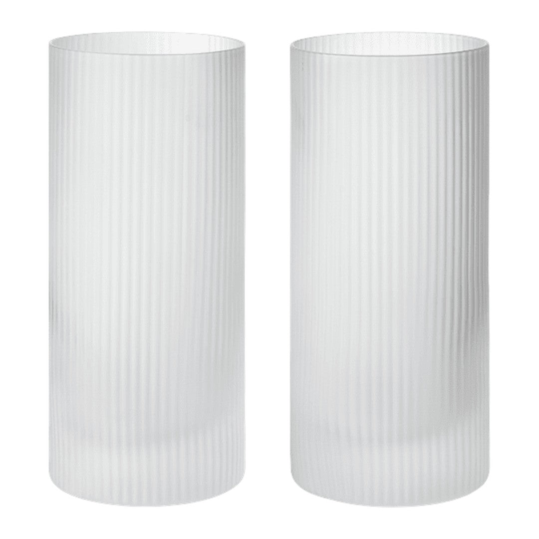 "Set of two tall, textured white vases with vertical ribbed patterns, perfect for modern decor."