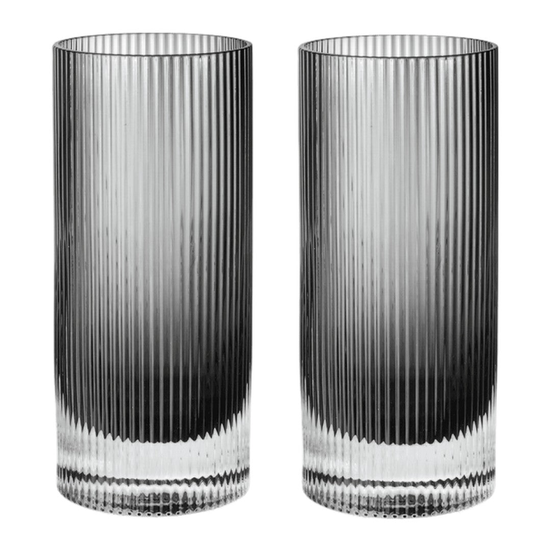Set of two tall, clear glasses with a sleek ribbed pattern and gradient from transparent to black.