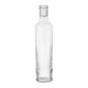 Clear glass water bottle with vertical ribbed pattern, featuring a sleek, modern design. Perfect for any decor.