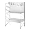 Silver metal shelving unit with hooks, featuring a sleek, modern design and a minimalist pattern.