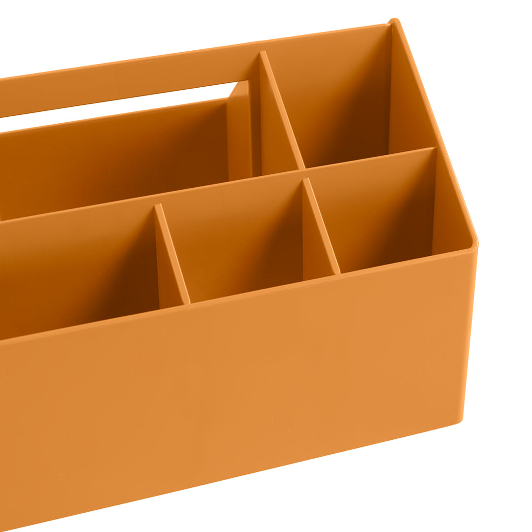 Orange multifunctional organizer with a sleek, smooth finish and divided compartments for versatile storage solutions.