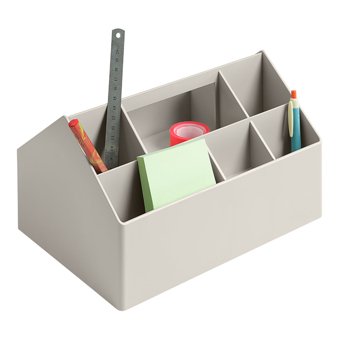 Light grey desk organizer with multiple compartments, perfect for office supplies; sleek and modern design.