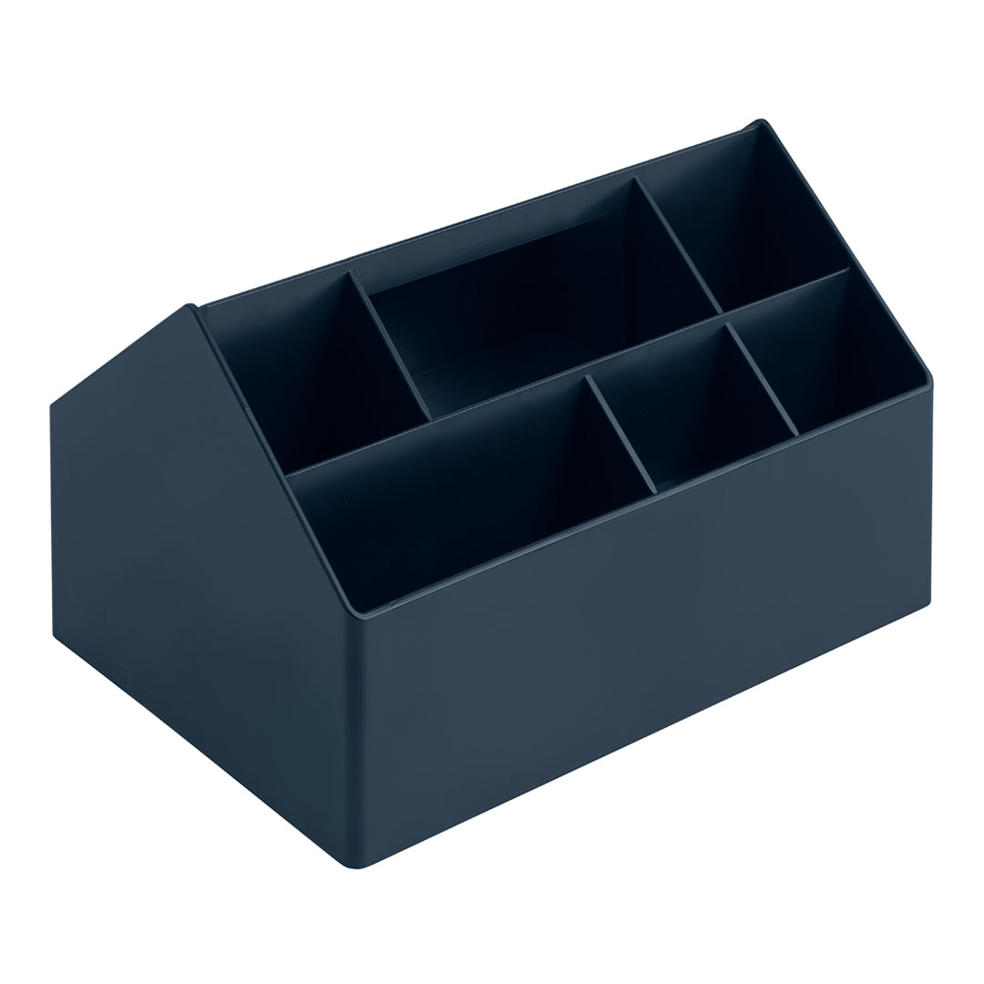Navy blue desktop organizer with six compartments and a sleek, modern design. Perfect for stylish storage.