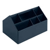 Navy blue desktop organizer with six compartments and a sleek, modern design. Perfect for stylish storage.